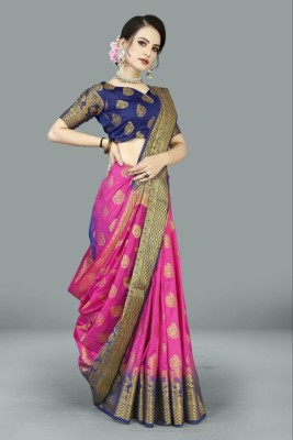 alakh Woven, Temple Border, Self Design Banarasi Jacquard Saree(Pink, Dark Blue)