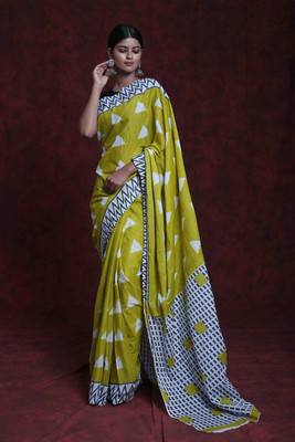 NIKHILAM Printed Daily Wear Pure Cotton Saree(Green)
