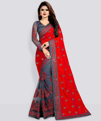 b bella creation Embroidered, Embellished Bollywood Net Saree(Red, Grey)
