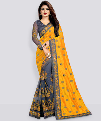 b bella creation Embroidered, Embellished Bollywood Net Saree(Mustard)