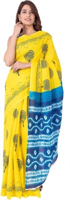 Cotton Mulmul Saree Hub Blocked Printed, Self Design, Dyed, Printed, Floral Print, Color Block Daily Wear Pure Cotton Saree(Yellow)