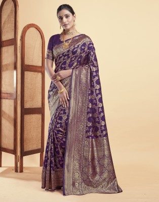 Samah Woven, Embellished, Self Design Kanjivaram Silk Blend, Jacquard Saree(Purple, Gold)