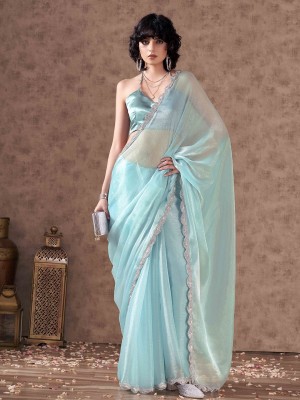 Mangukiya creation Solid/Plain Bollywood Tissue, Silk Blend Saree(Blue)