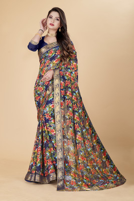 Jufilox Printed Daily Wear Art Silk Saree(Blue, Multicolor)