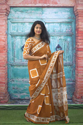 NIKHILAM Printed Daily Wear Pure Cotton Saree(Brown, Yellow)