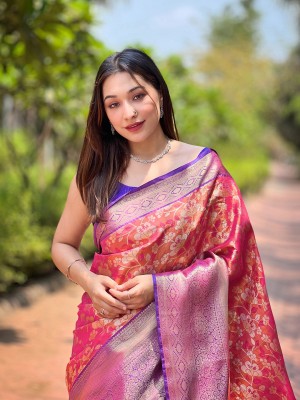 RekhaManiyar Woven Bollywood Silk Blend Saree(Pink)