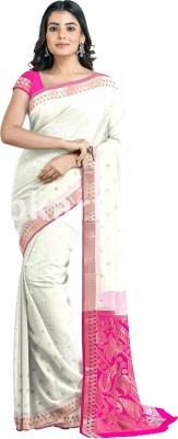 meraj Polka Print Banarasi Silk Blend Saree(White)