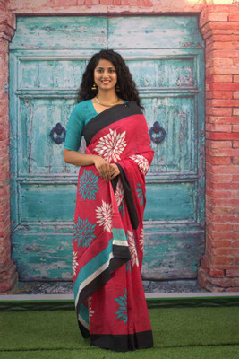 hastshilpi Printed, Color Block, Blocked Printed Hand Batik Pure Cotton Saree(Red)