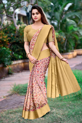 DHARMRAJ ENTERPRISE Color Block Kalamkari Tussar Silk Saree(Beige)