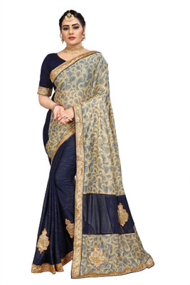 RamKrupa Creation Woven Bollywood Silk Blend Saree(Blue, Beige)