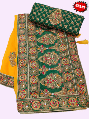 Bhojal Creation Embroidered, Embellished Bollywood Silk Blend Saree(Yellow)