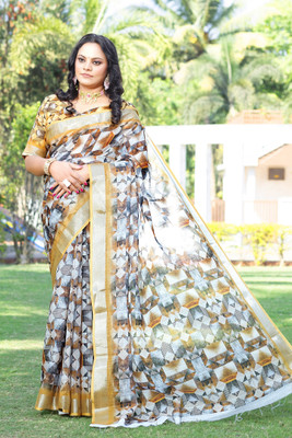 HouseOfCommon Floral Print Bollywood Cotton Linen Saree(Mustard)