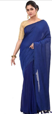BiswasTextiles Solid/Plain Handloom Cotton Blend Saree(Blue)