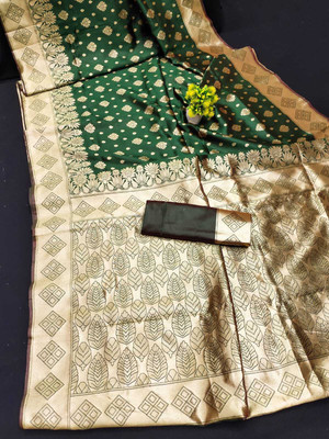 GINNYPRINTS Self Design, Floral Print, Embellished, Woven, Applique Kanjivaram Jacquard, Pure Silk Saree(Dark Green)