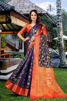 LAVYANSH CREATION Woven, Self Design Banarasi Silk Blend, Jacquard Saree(Blue)