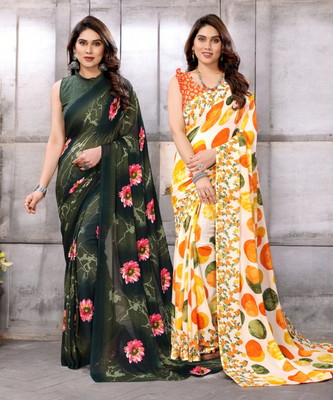 AMBUJAINTERNATIONAL Printed Bollywood Georgette Saree(Pack of 2, Multicolor)
