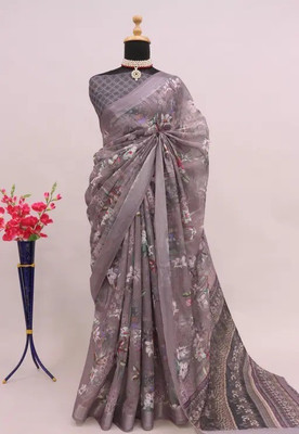 VCREATION Digital Print Bollywood Linen Saree(Brown)