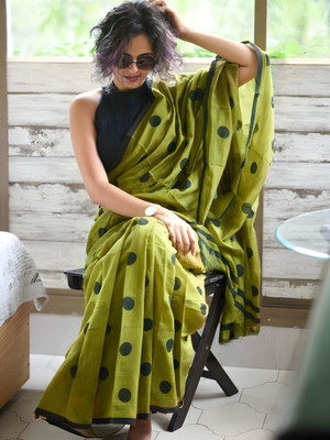 Moda Rapido Polka Print Chanderi Cotton Blend Saree(Green)