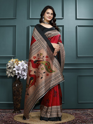 Kanooda Prints Woven Mysore Art Silk Saree(Black)