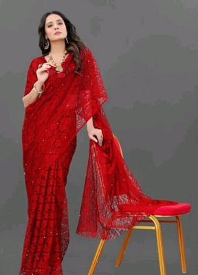 SwiftStyle Self Design, Embellished Daily Wear Net Saree(Red)