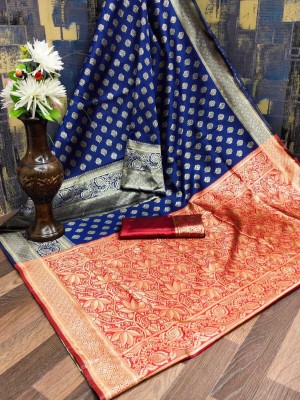 Navanari Self Design, Woven, Embellished, Applique Banarasi Jacquard, Art Silk Saree(Dark Blue)