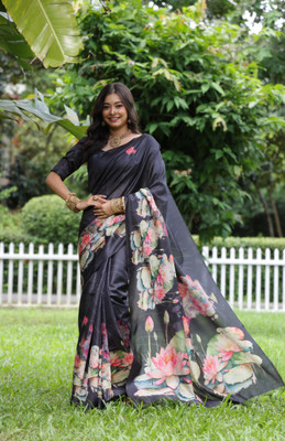 PeachPetals Printed, Floral Print Banarasi Cotton Blend Saree(Black)