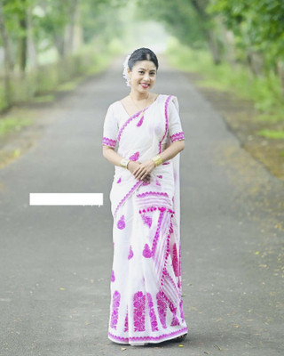 Canizzaro Woven Mekhela Chador Cotton Blend Saree(White)