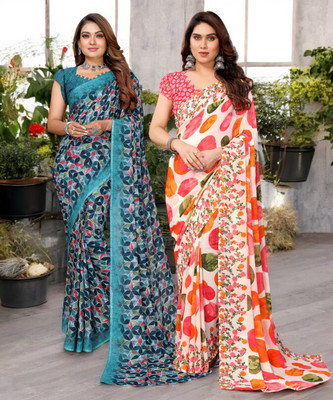 HouseOfCommon Printed Bollywood Georgette Saree(Pack of 2, Multicolor)