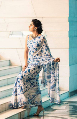 Gajal Printed Kanjivaram Linen, Cotton Linen Saree(White)