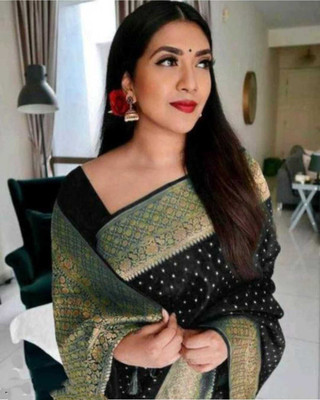 Gajal Self Design Kanjivaram Art Silk, Pure Silk Saree(Black, Gold)