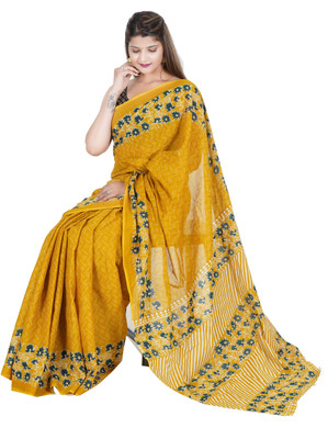 RAMNATHS Printed, Blocked Printed, Hand Painted Ikkat Pure Cotton Saree(Light Green)