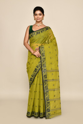 maa textile Self Design Tant Pure Cotton Saree(Green)