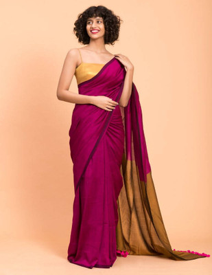 LushLooms Color Block Handloom Handloom Silk Blend Saree(Pink, Brown)