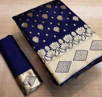 heeru creation Woven Kanjivaram Jacquard, Pure Silk Saree(Dark Blue)