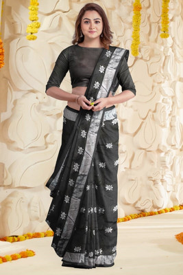 HouseOfCommon Self Design, Solid/Plain Handloom Cotton Blend Saree(Black)