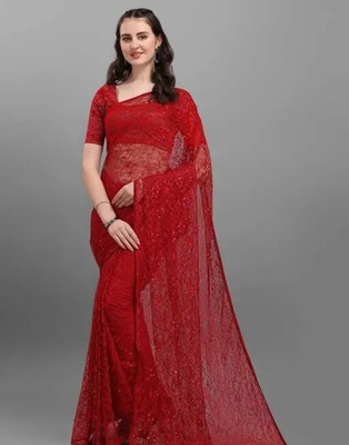 SwiftStyle Solid/Plain Daily Wear Net Saree(Red)