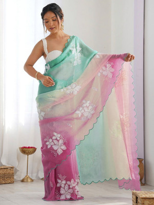 ROOP SUNDARI SAREES Embroidered Bollywood Tissue Saree(Light Green, Pink)