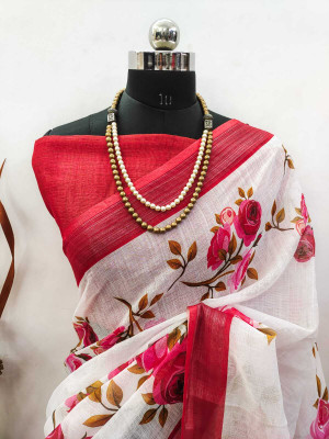 ASHTA Floral Print Kanjivaram Linen Saree(Red)