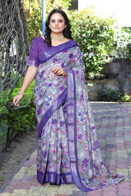 HIYAMI Printed Bollywood Cotton Linen Saree(Purple)