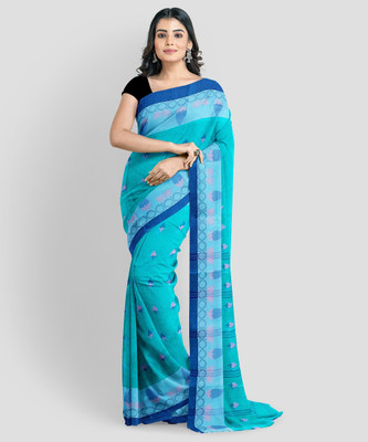 PRANATI ENTERPRISE Woven, Solid/Plain Tant Pure Cotton Saree(Light Blue)