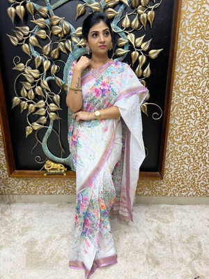 TOPPA Floral Print Banarasi Cotton Linen Saree(Multicolor)