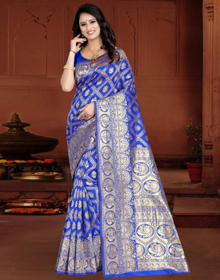 KAKADIYA Woven, Self Design Banarasi Pure Silk Saree(Blue)
