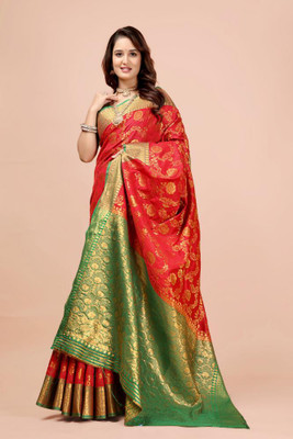 jayant creation Color Block Banarasi Silk Blend, Jacquard Saree(Red)