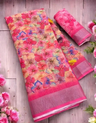 VCREATION Digital Print Bollywood Cotton Linen Saree(Multicolor)