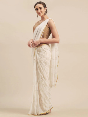 V And V Shop Printed Bollywood Chiffon Saree(White)