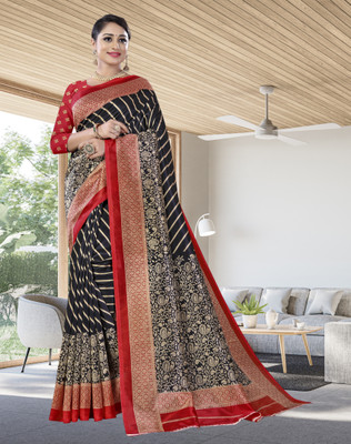 shree laxmi Floral Print Banarasi Cotton Silk Saree(Black)