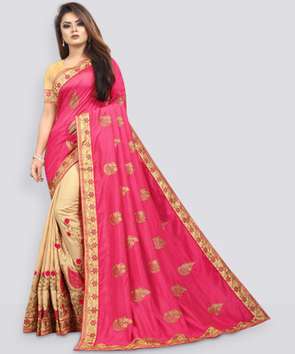b bella creation Embroidered Bollywood Silk Blend Saree(Pink, Beige)