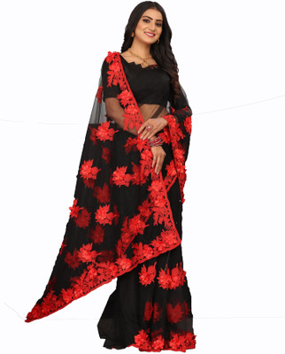 Mactos Embroidered Bollywood Net Saree(Black, Red)