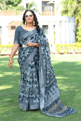HIYAMI Printed Bollywood Cotton Linen Saree(Grey)