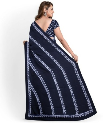 NIKHILAM Printed Daily Wear Pure Cotton Saree(Dark Blue)